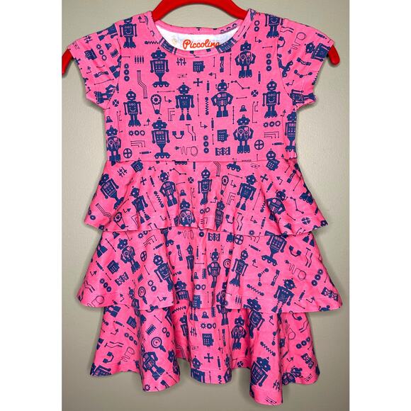 Piccolina Dress Pink Purple Robot SS Tiered Rolled Sleeve 100% Cotton Size 4T - Picture 1 of 8